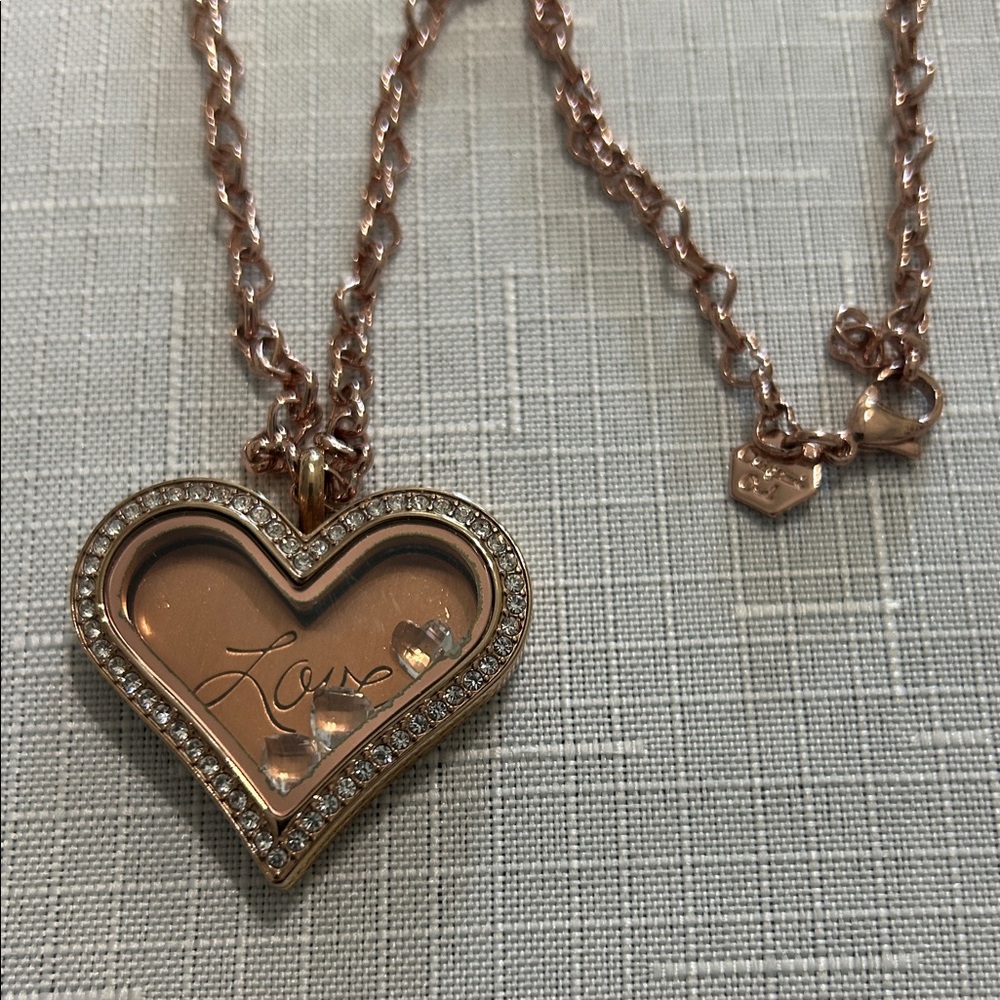 Origami Owl Rose Gold Crystal Heart Locket Pendant Necklace - Picture 3 of 6